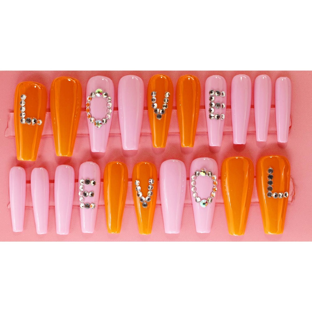 Be My Valentine Pink Love Long Coffin Gloss Finish Orange Press On Nails Long